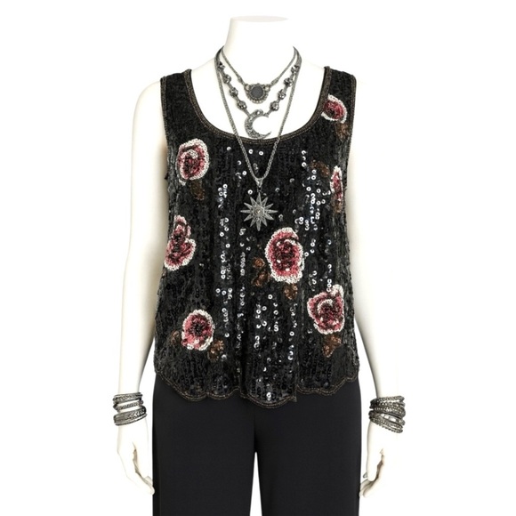 Forever 21 Top Black Pink Floral Sequin Beaded Sleeveless Whimsigoth Party Tank - Picture 1 of 9